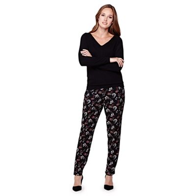 Yumi Black Floral Tapered Front Pleat Trousers